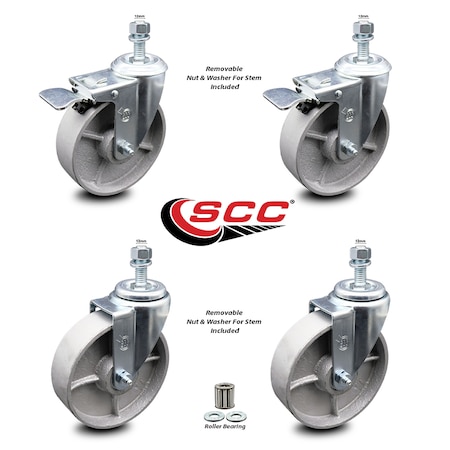 Service Caster Semi Steel Swvl TS Caster w/Roller Bearing-5"Wheels&12MM Stems-2 w/TTL BRK, 4PK SCC-TSTTL20S515-SSR-M1215-2-S-2